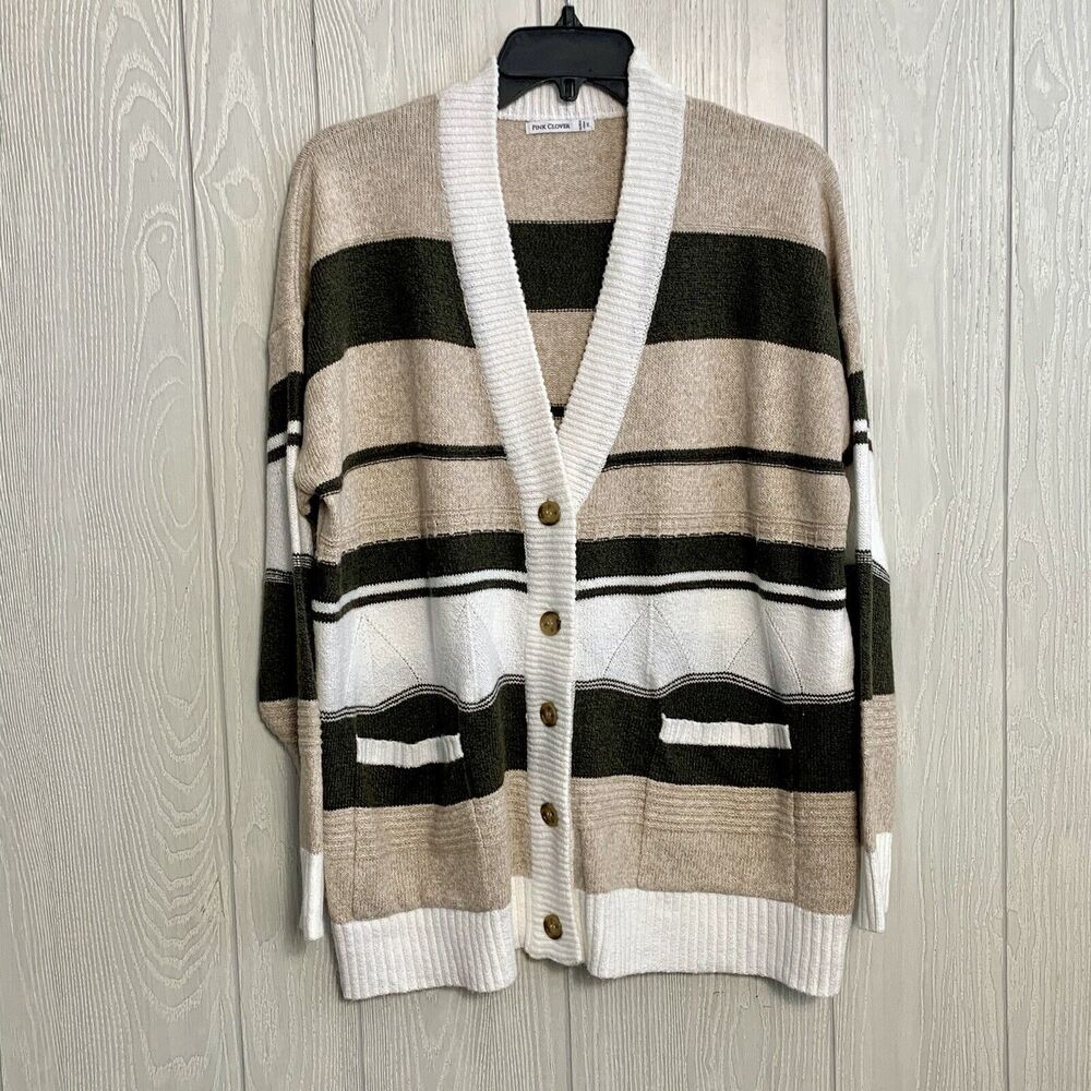 Pink Clover Stripe Brown White Cardigan Medium NWT